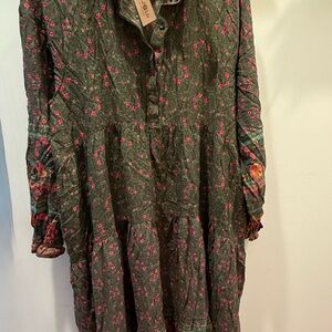 NATURAL LIFE Olive Green Long Sleeve Tiered Floral Dress with Pink Print
